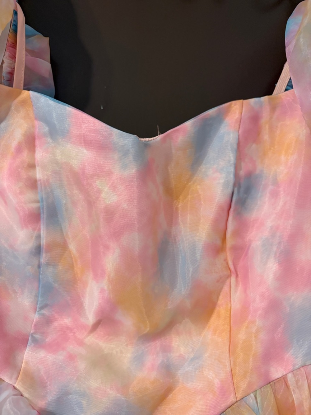 Pastel Tie-Dye Puff Sleeve Dress – Sheer Overlay Fit & Flare Mini Dress - Picture 2 of 8
